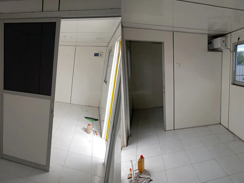 Interior container office ber-AC dengan meja kerja dan sekat untuk ruang meeting kontainer