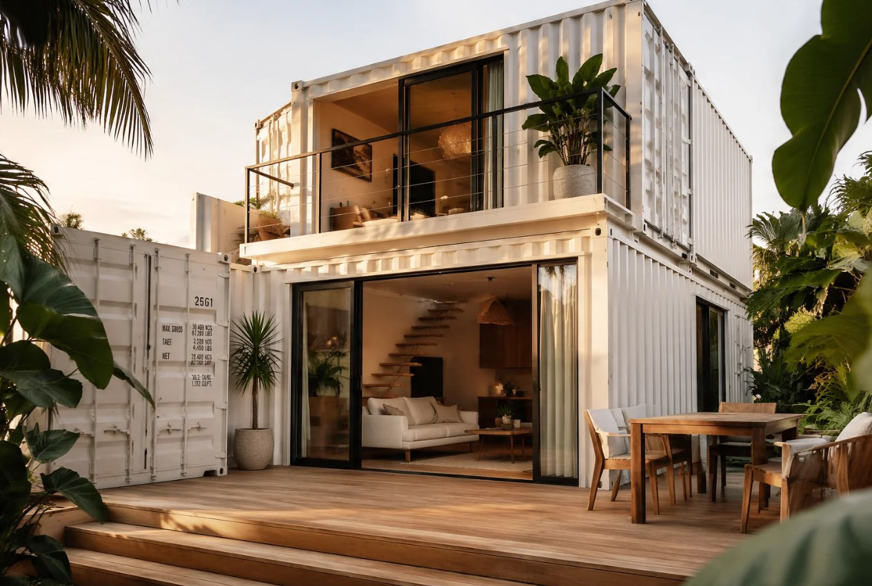 Container house rumah kontainer modern dua lantai dengan teras kayu untuk hunian keluarga