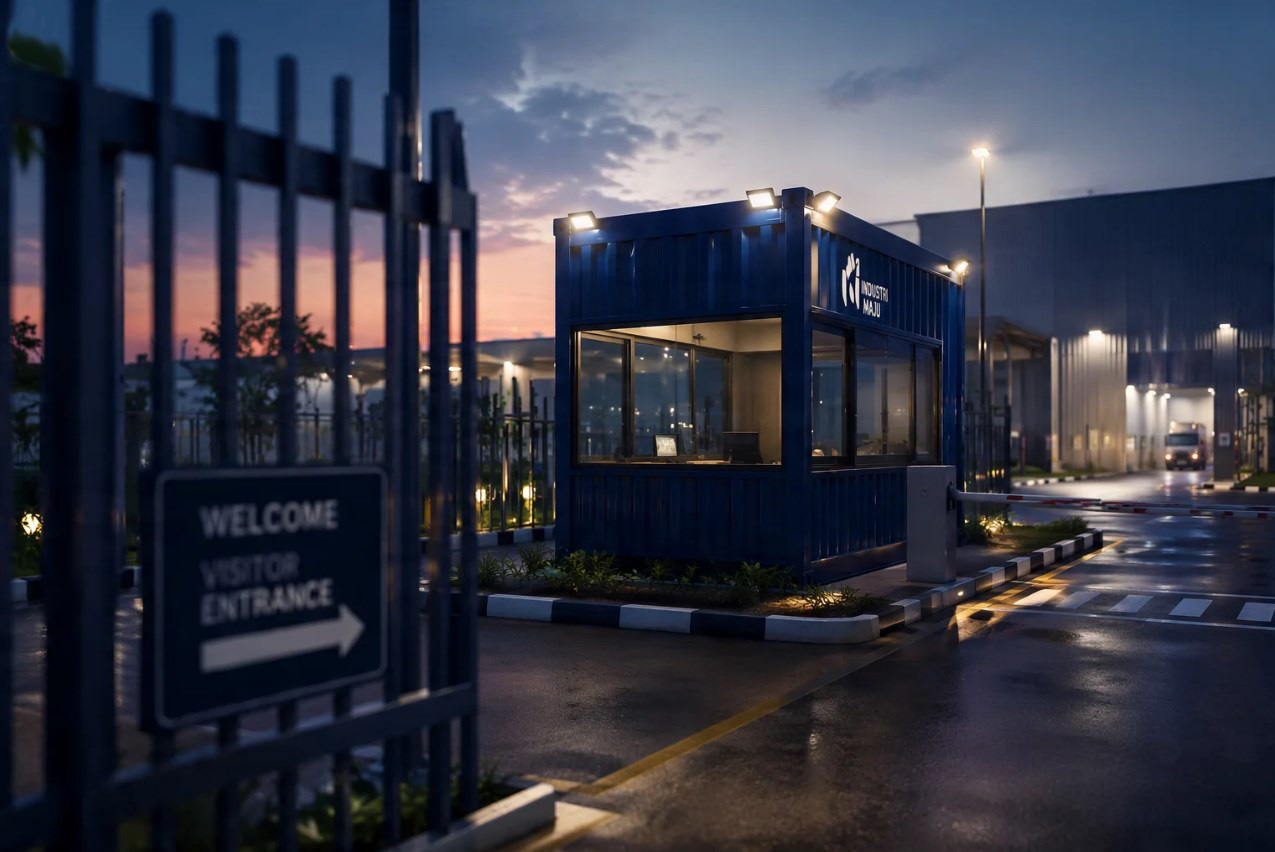 Security post pos jaga container di gerbang pabrik dengan lampu sorot dan kaca pengawas