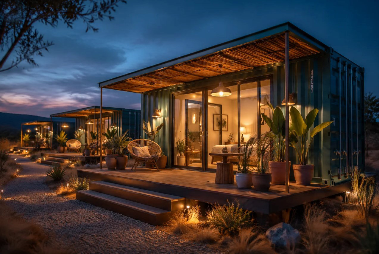 Villa glamping container mewah di tepi hutan dengan dek kayu dan lampu hangat untuk resort wisata